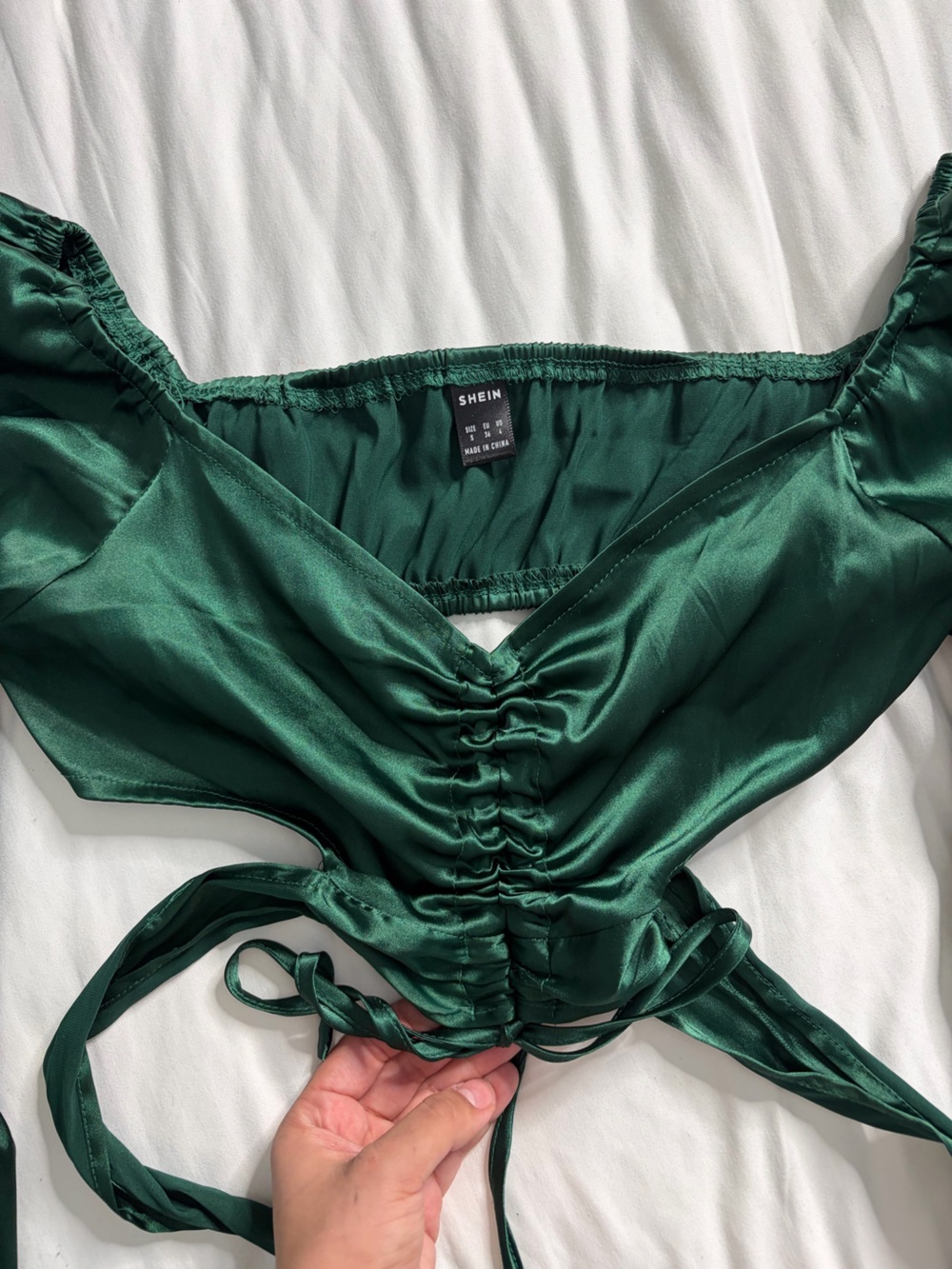 SHEIN Dark Emerald Green Satin Ruched Bandeau Top